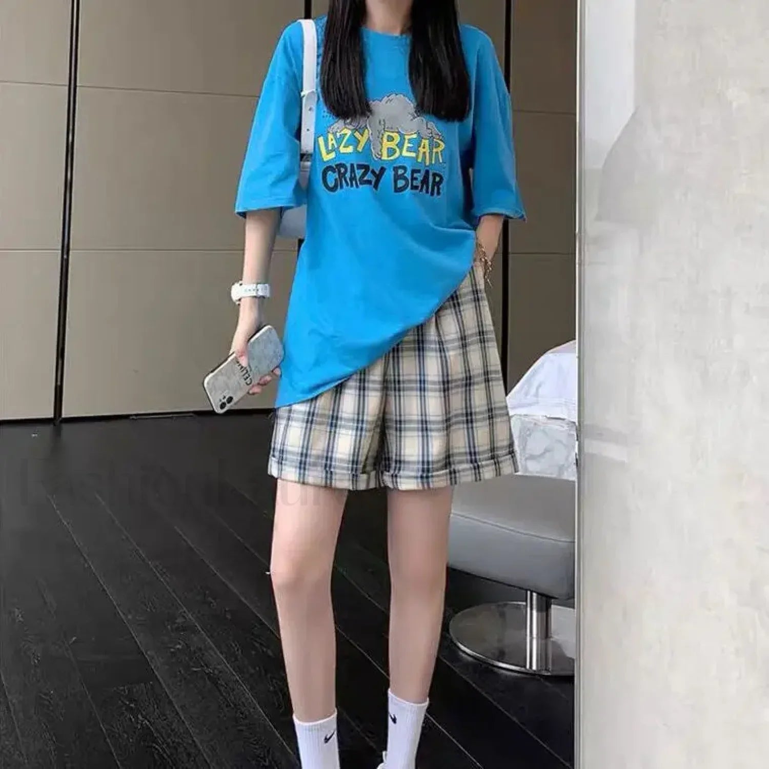 Casual Blue Plaid Loose Straight-leg Short