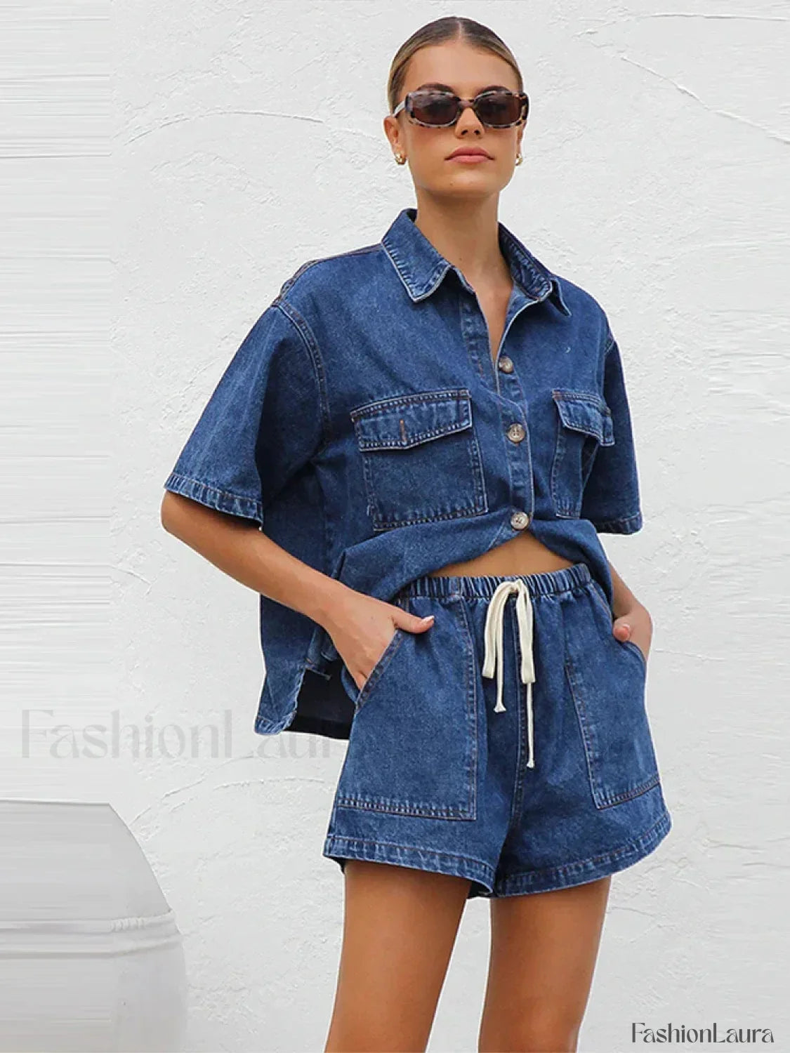 Casual Denim Shirt Pants Two Piece Set