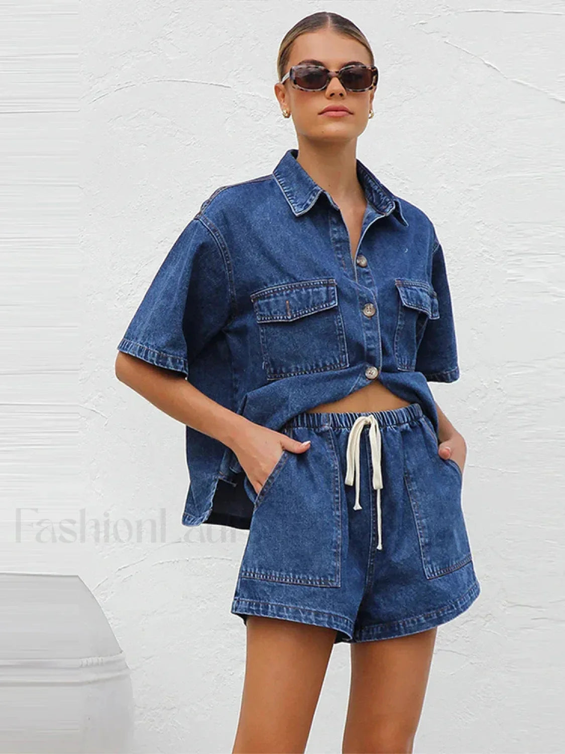 Casual Denim Shirt Pants Two Piece Set