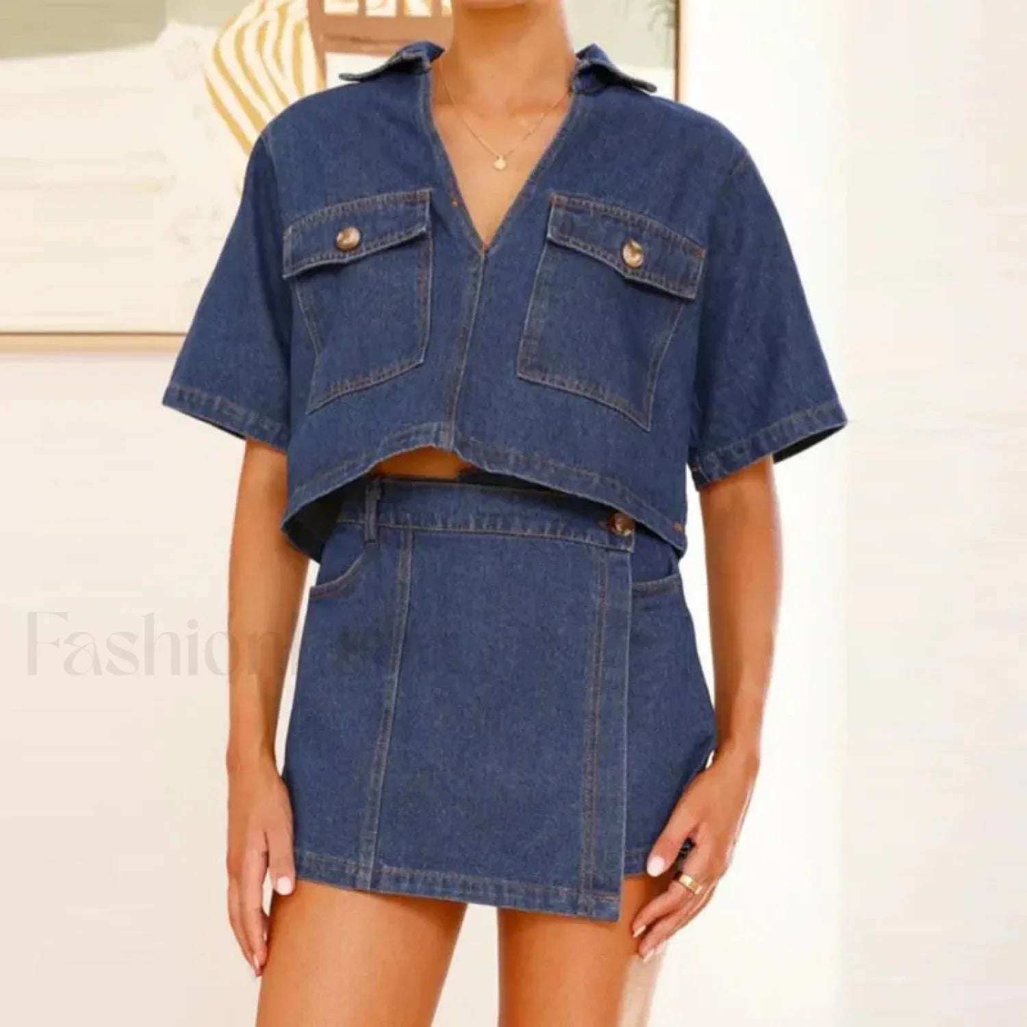 Casual Denim Shirt Pants Two Piece Set blue2 / S