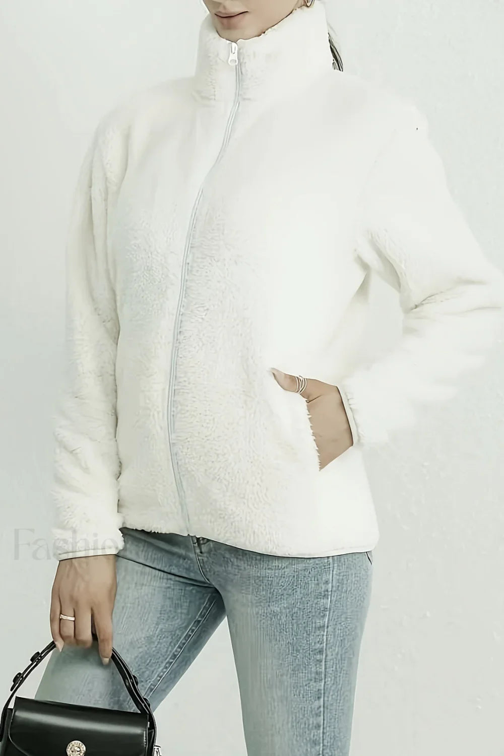 Casual Fuzzy Zipper Jacket White / S