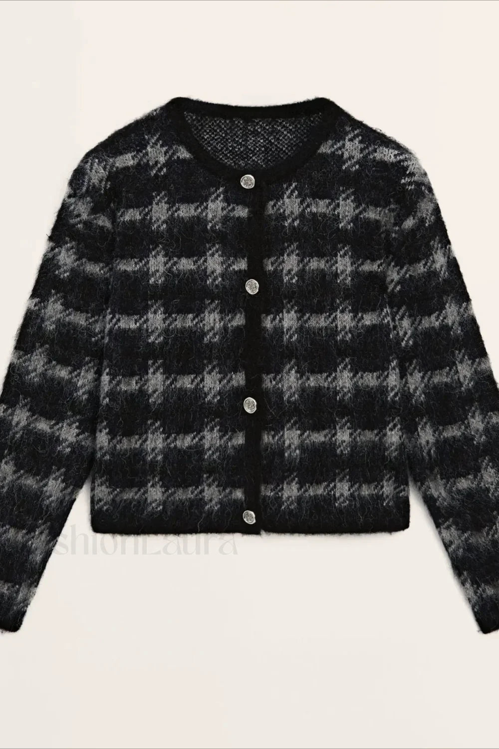 Casual Gray Plaid Knit Cardigan Black / XS