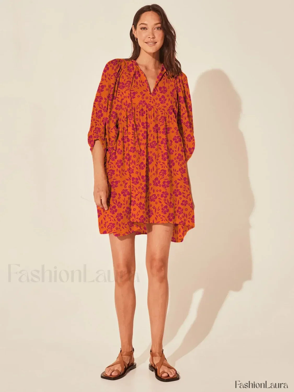 Casual Loose Floral Print Spring/Summer Women's 2024 New Lantern Sleeves Lace-up V-neck Mini Dress