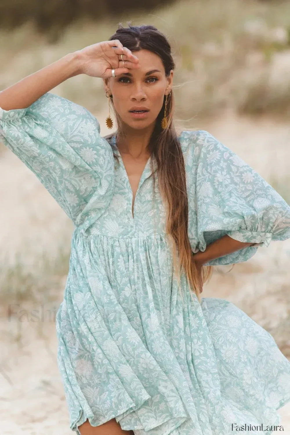 Casual Loose Floral Print Spring/Summer Women's 2024 New Lantern Sleeves Lace-up V-neck Mini Dress