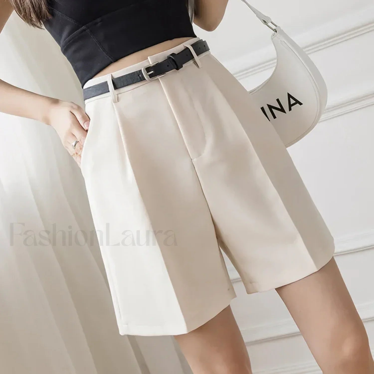 Casual Solid Color High Waist Zipper Shorts Beige / S