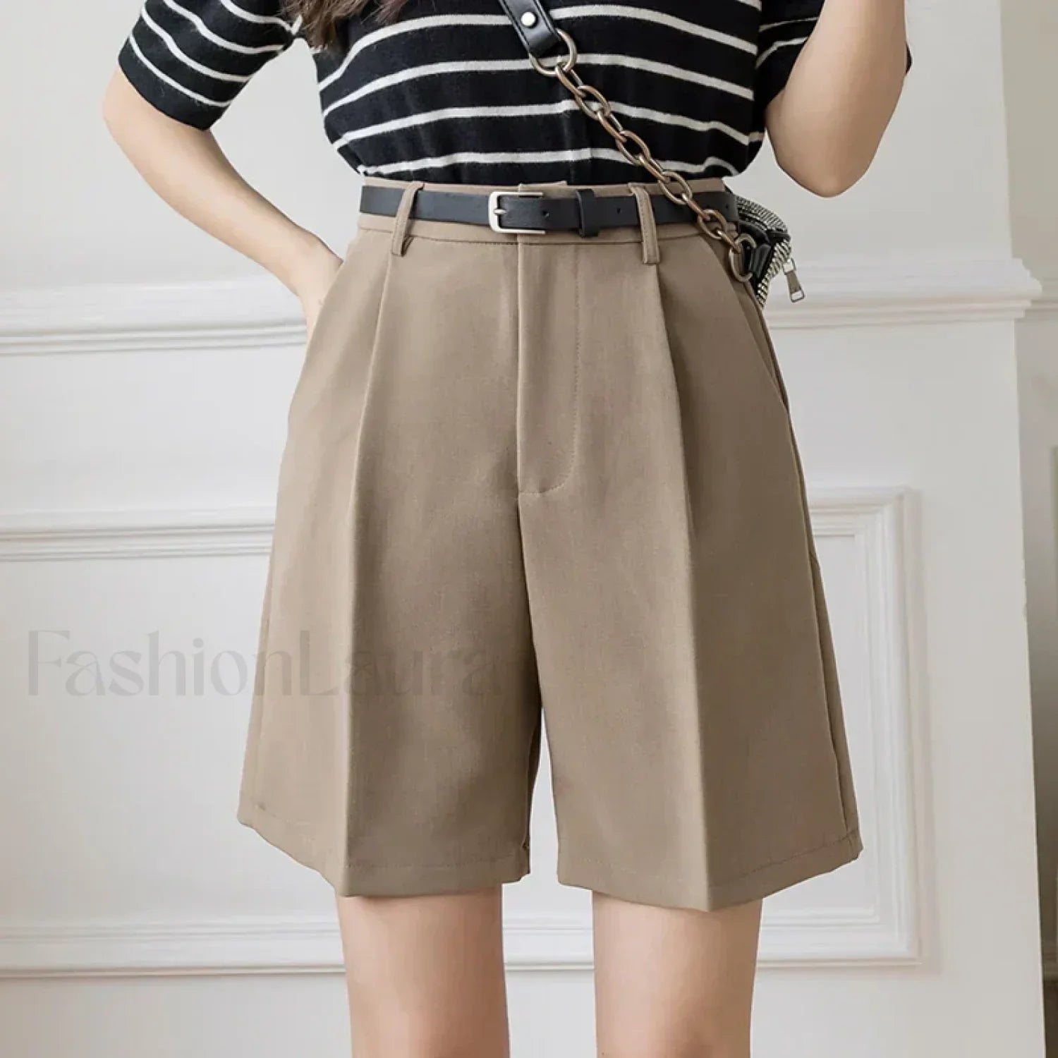 Casual Solid Color High Waist Zipper Shorts Khaki / S