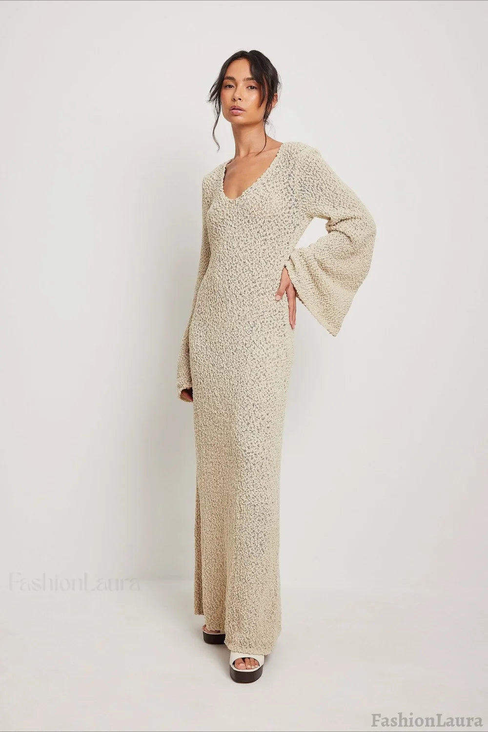 Casual Solid Maxi Sweater Dress S / Beige