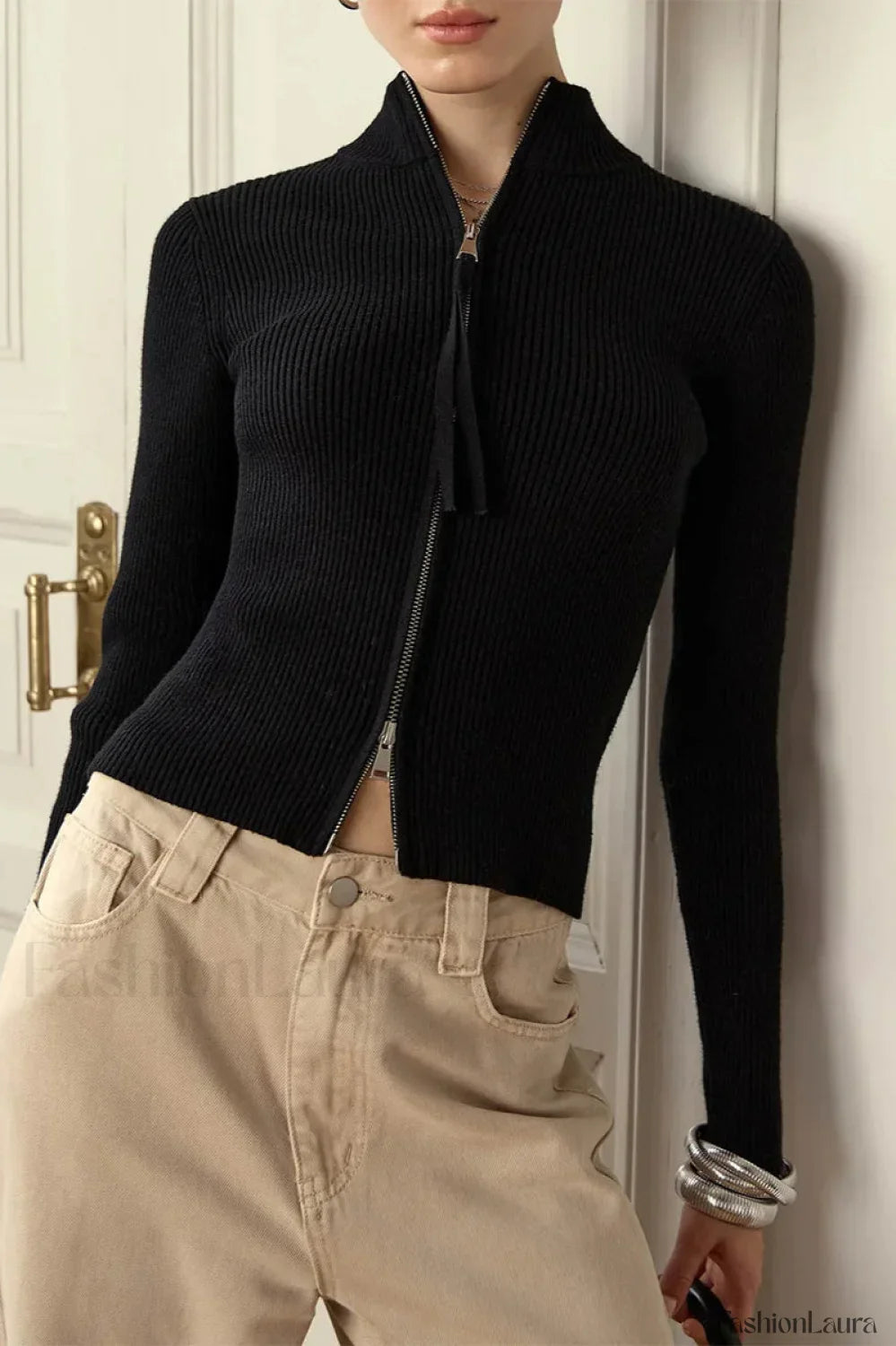 Casual Zip Front Knit Cardigan