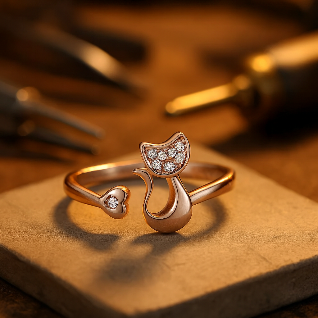 Cubic Zirconia Cat and Heart Adjustable Open Ring