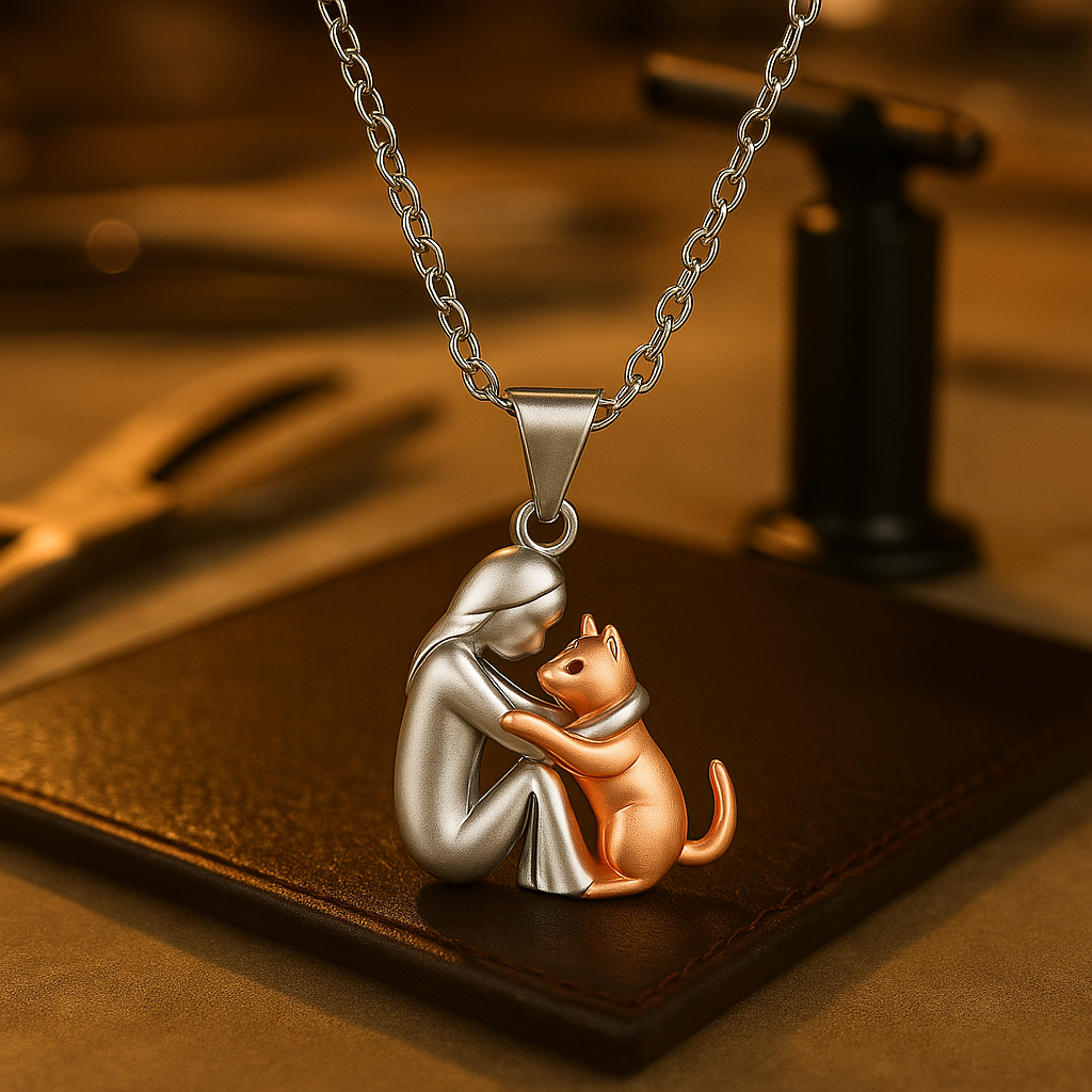 Girl and Cat Hug Pendant Chain Necklace