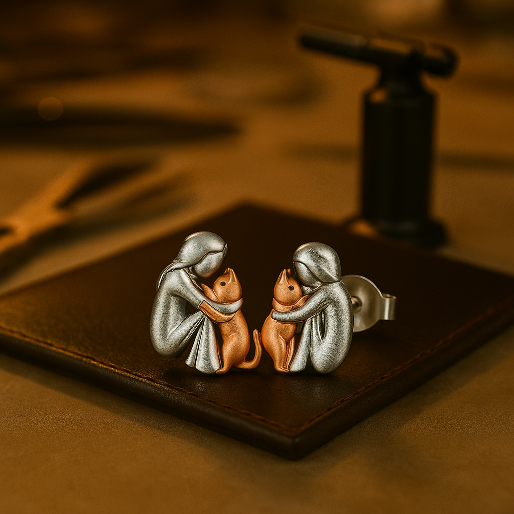 Girl Hugging Cat Two Tone Stud Earrings