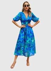 Floral Chiffon Deep V-Neck Puff Sleeve Smocked Maxi Dress 6