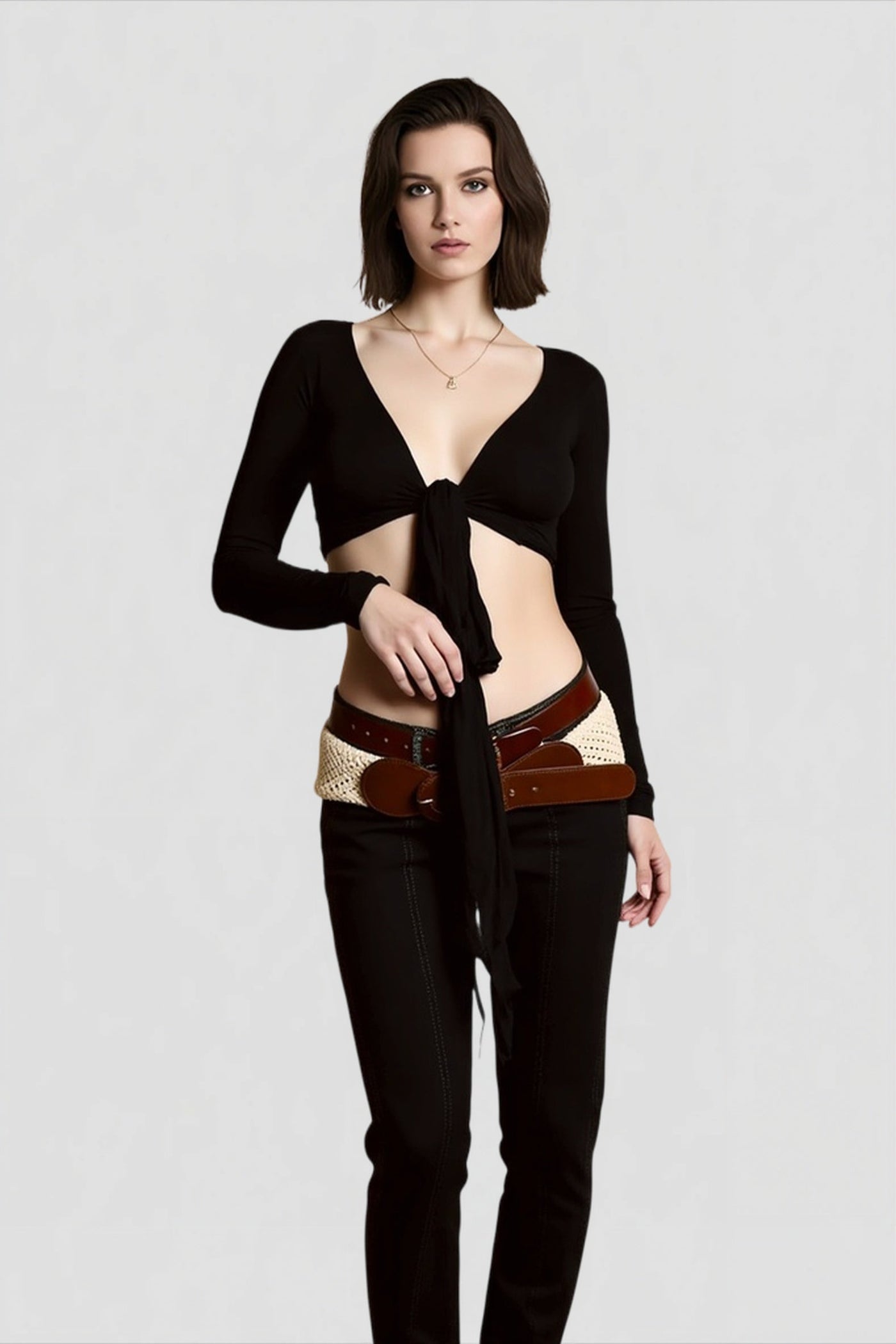 Wrap Tie V Neck Long Sleeve Cropped Crop Top