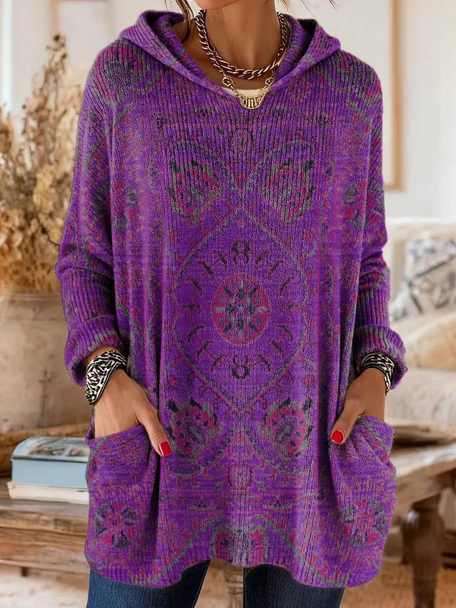 Medallion Print Hooded Oversized Tunic Sweater
