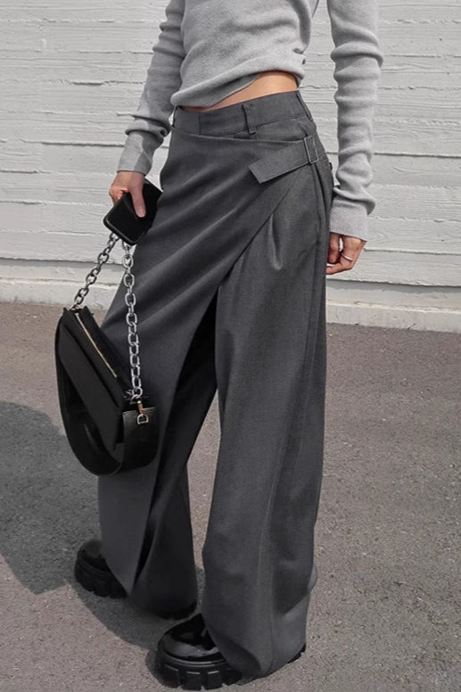 Asymmetric Wrap Overlay Pleated Wide Leg Tailored Trousers 2
