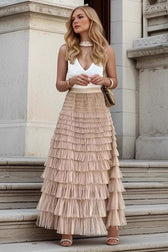 Tiered Sheer Mesh A-Line Maxi Skirt
