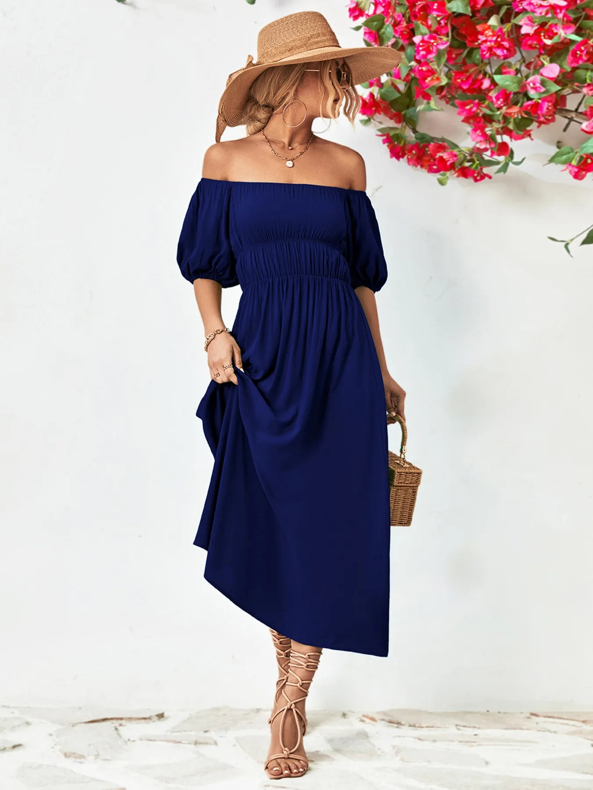 Off-Shoulder Puff Sleeve Smocked Maxi Dress