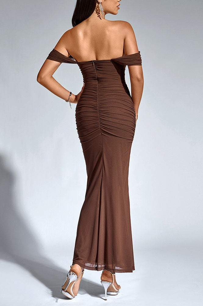 Off Shoulder Draped Ruched Fishtail Maxi Formal Gown