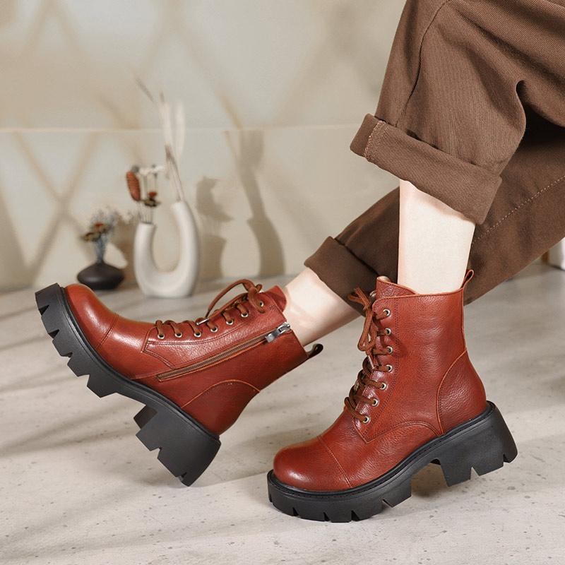 Genuine Leather Boots Lace-Up Combat Boots Retro Chunky Ankle Boots