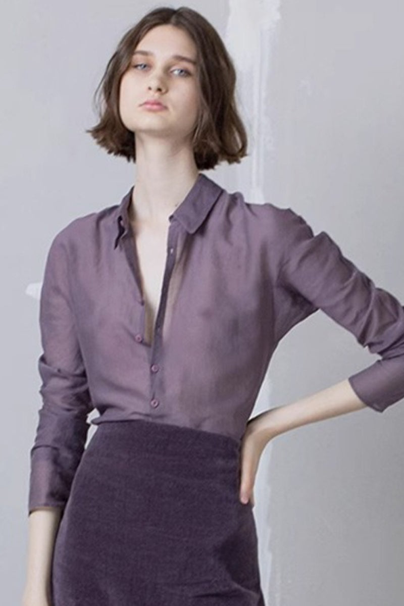 Semi Sheer Collared Long Sleeve Slim Fit Button Front Shirt