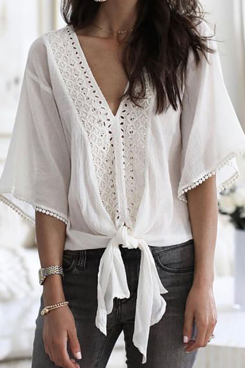 V Neck Knot Embroidery Bell Sleeve Blouse