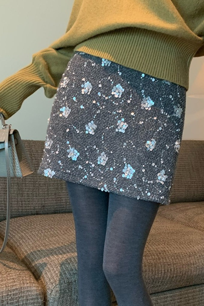 Sequin Floral Embellished Tweed High Waist Mini Skirt 5