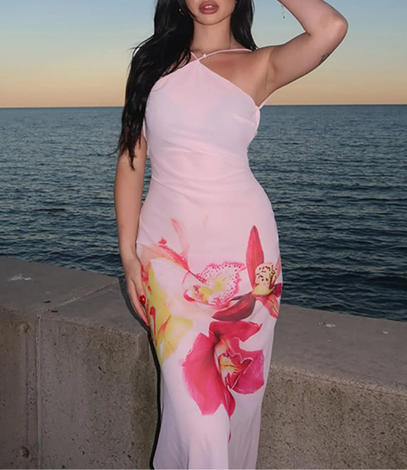 Floral Print Mesh Spaghetti Strap Bodycon Maxi Dress