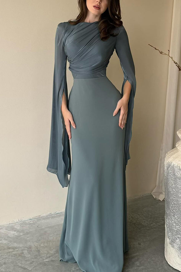 Liora Ruched Organza Satin Patchwork Long Bell Slit Maxi Dress - View 3