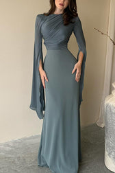 Liora Ruched Organza Satin Patchwork Long Bell Slit Maxi Dress - View 3