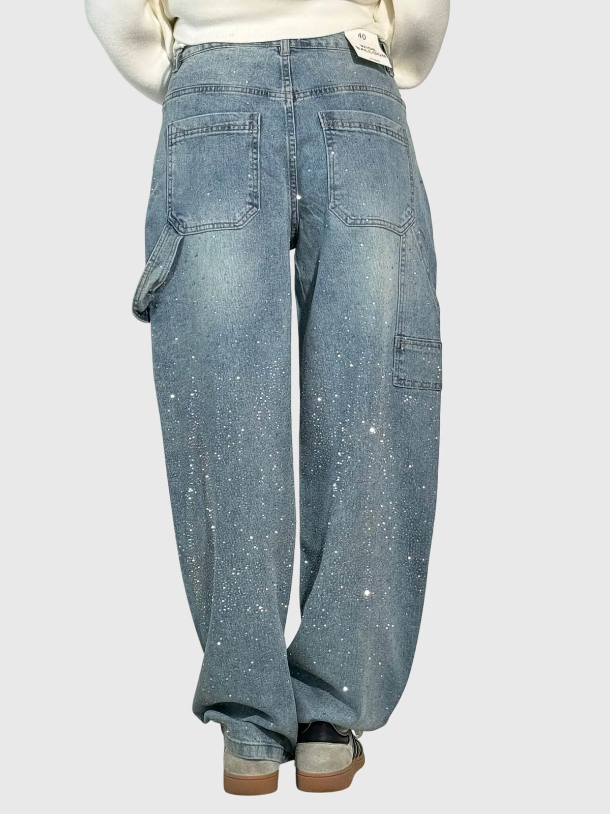 Rhinestone Embellished Wide Leg Cargo Jeans