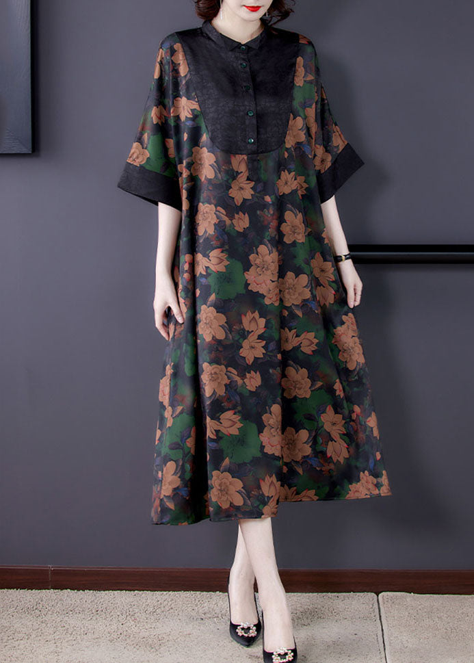 Floral Print Contrast Yoke Button Collar Wide Sleeve Contrast Cuff A-Line Midi Dress