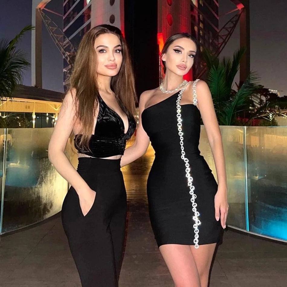 One Shoulder Chain Strap Trim Bandage Bodycon Mini Dress 13