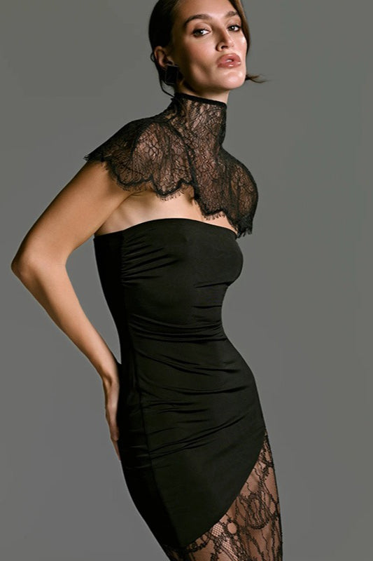 Lace Trim Strapless Capelet Fit Floor Lace Dress