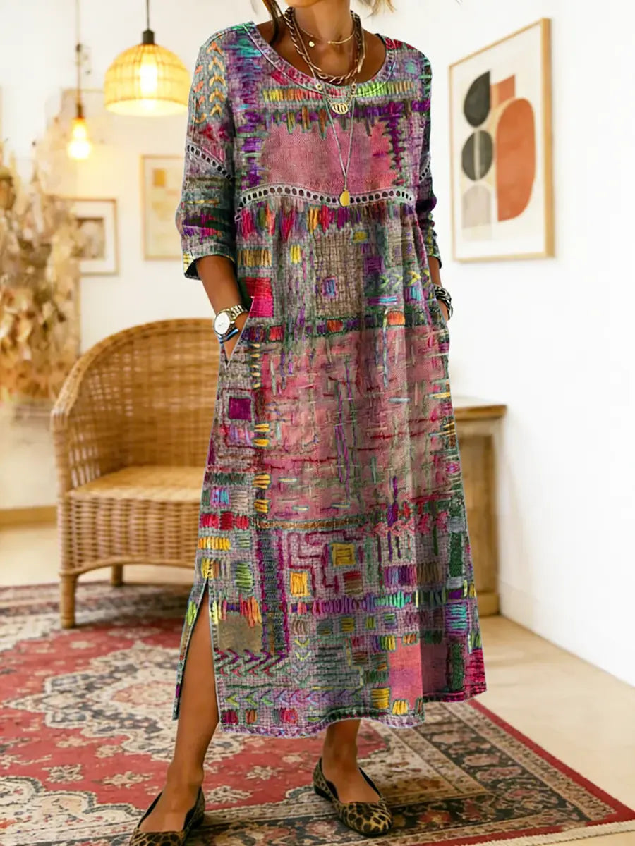 Patchwork Print Round Neck Pocket A-Line Maxi Dress