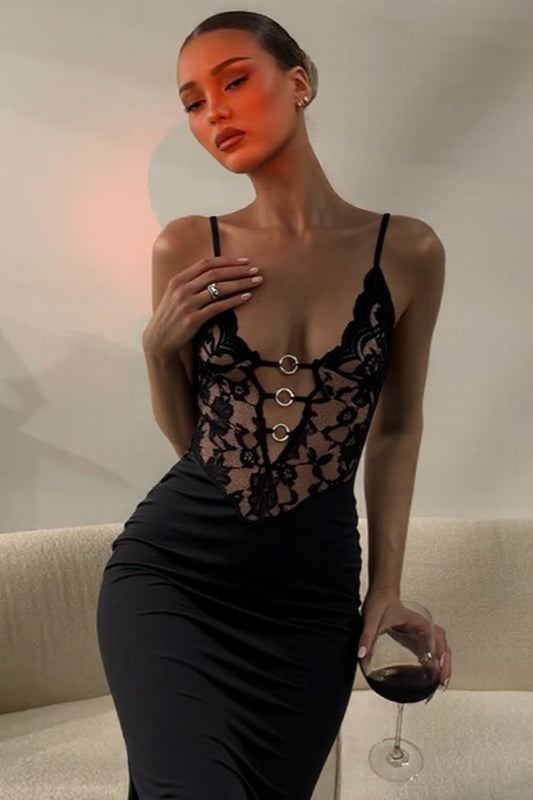 Lace Spaghetti Insert Wire Detail Slim Lace Dress