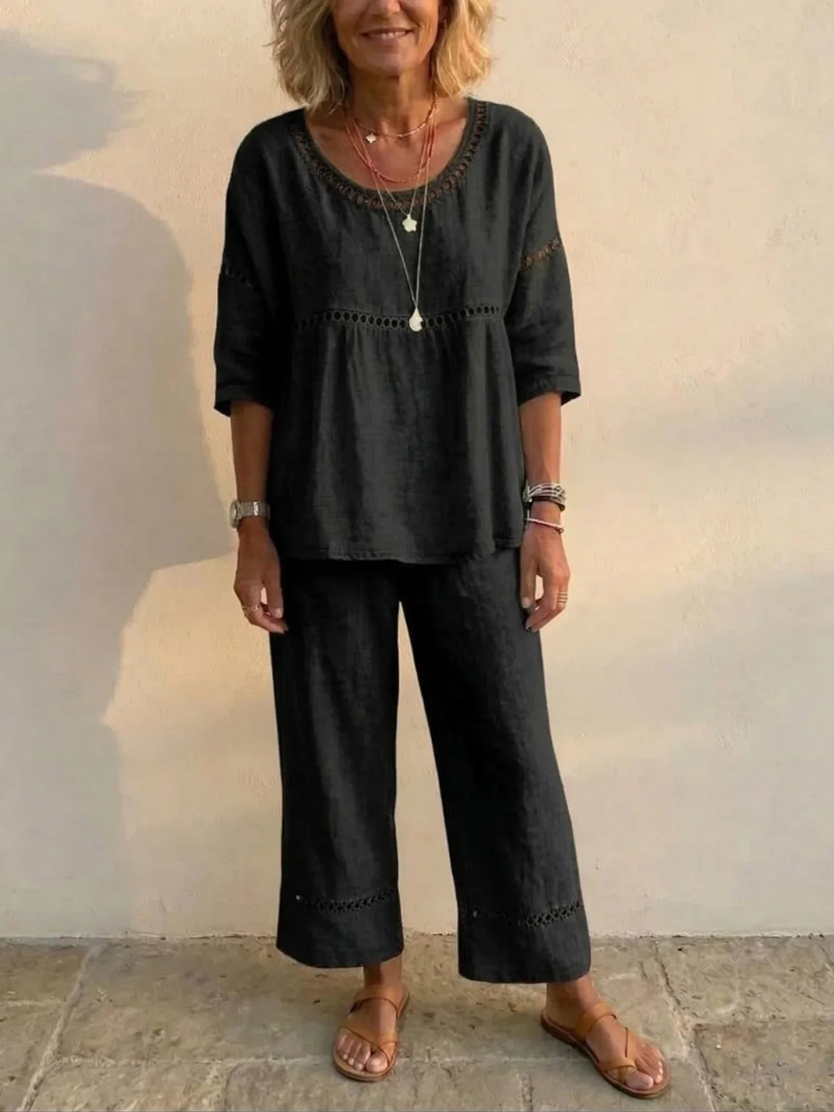 Crochet Cutout Trim Round Neck Top and Wide Leg Pants Two Piece Set