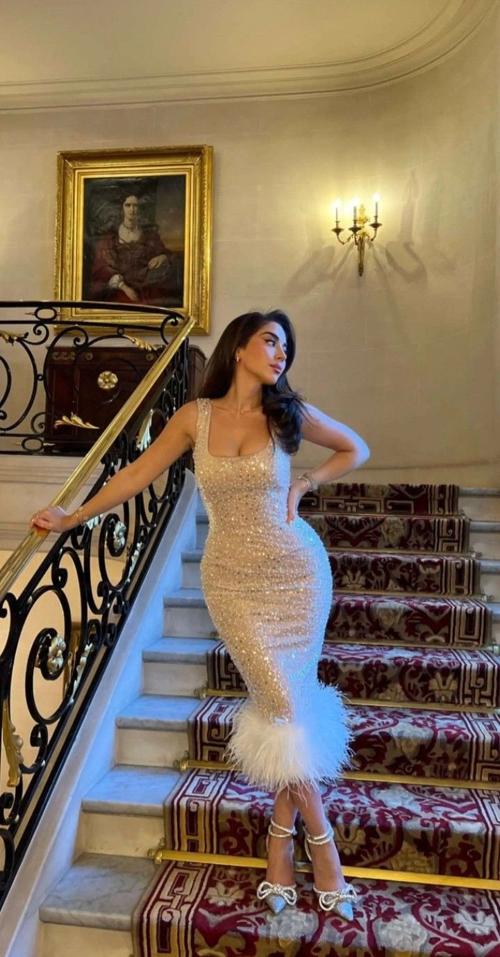 Sexy Sequins Sheath Evening Dress Formal Prom Party Dress With Feathers cc1752