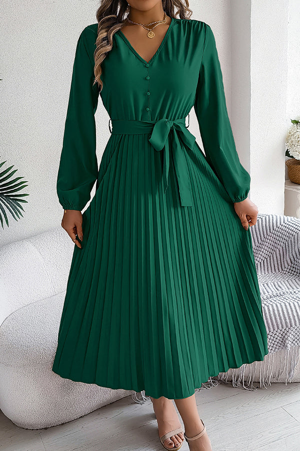 Solid Color Elegant V-neck Buttoned Lace-up Pleated Maxi Dress - View 4