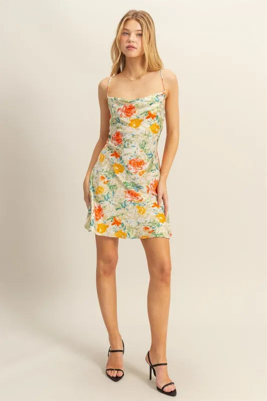 Floral Print Satin Cowl Neck Spaghetti Strap Flared Mini Dress 4