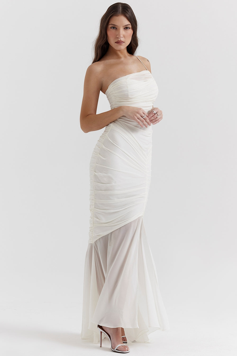 Ruched Mesh Asymmetric Neck Front Split Mermaid Maxi Dress 5
