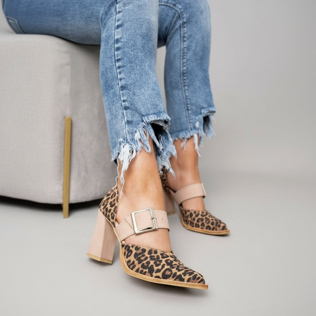 Pointed Toe Buckle Strap Block Heel Pumps