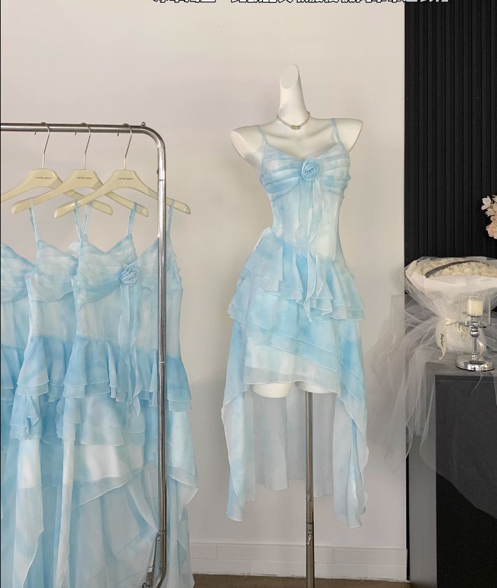 Beautiful High Low Spaghetti Straps Ice Blue Ombre Chiffon Prom Dress Party Dress cc1763