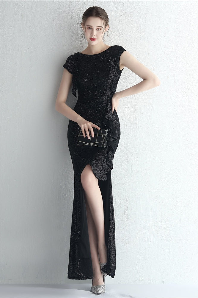 Sequin High Neck Cap Sleeve Ruffle High Split Mermaid Gown
