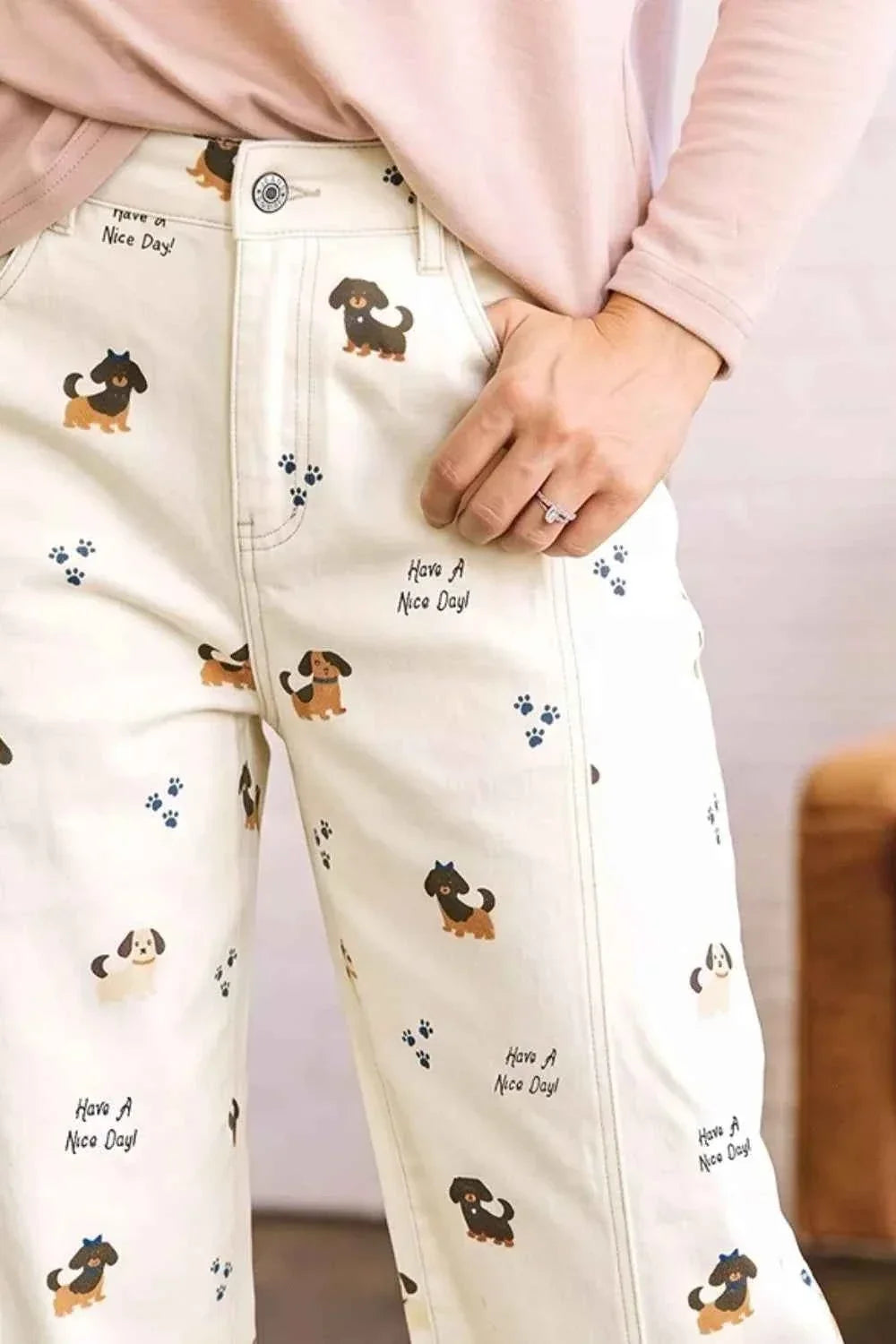 Dog Print High Waist Wide Leg Barrel Jeans 3
