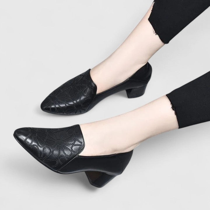 Pointed Toe Floral Embossed Block Heel Loafers