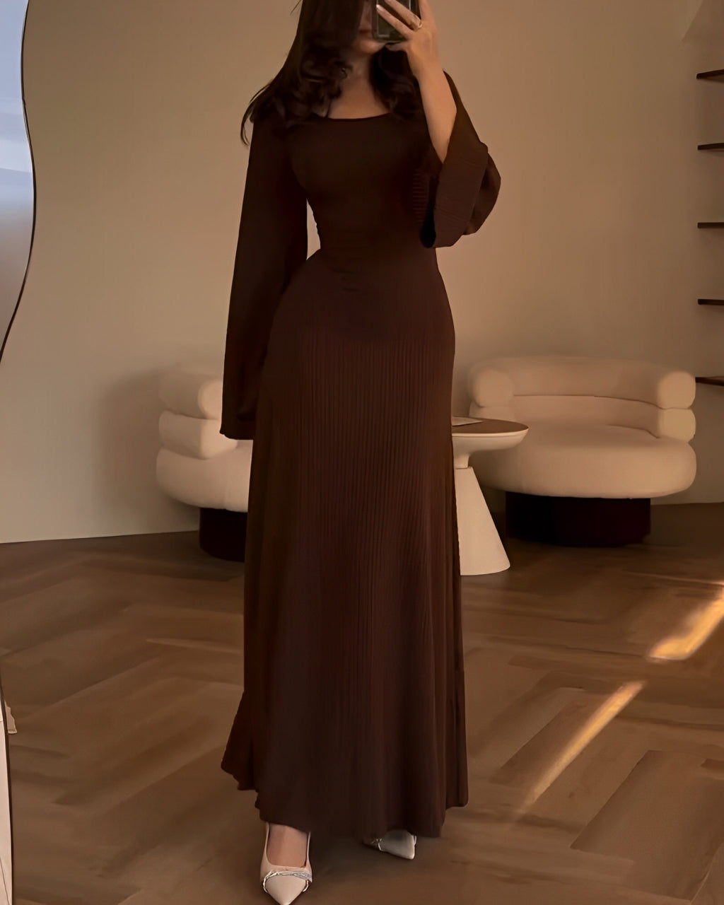 Ribbed Knit Square Neck Long Sleeve Side Split Bodycon Maxi Dress