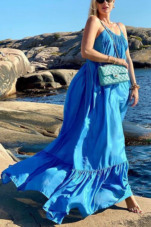 Spaghetti Strap V-Neck Tiered Ruffle Hem Maxi Dress