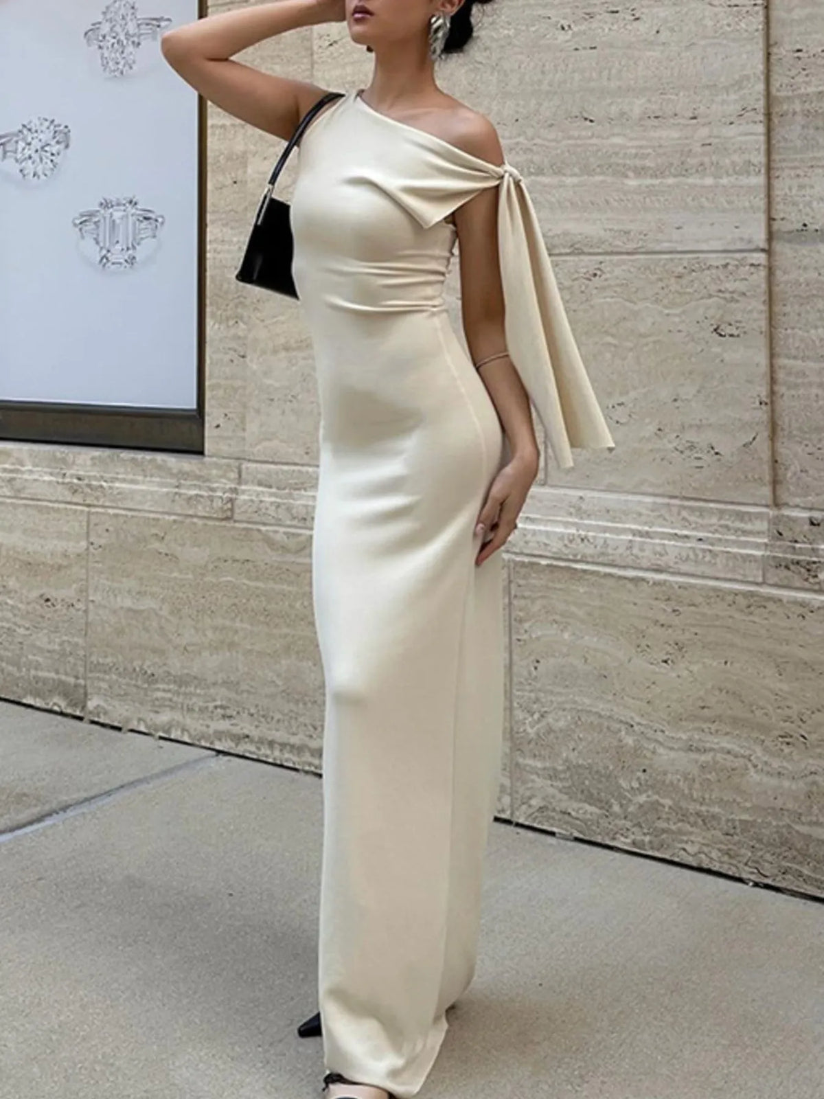 One Shoulder Knot Tie Drape Sleeveless Bodycon Maxi Dress 3