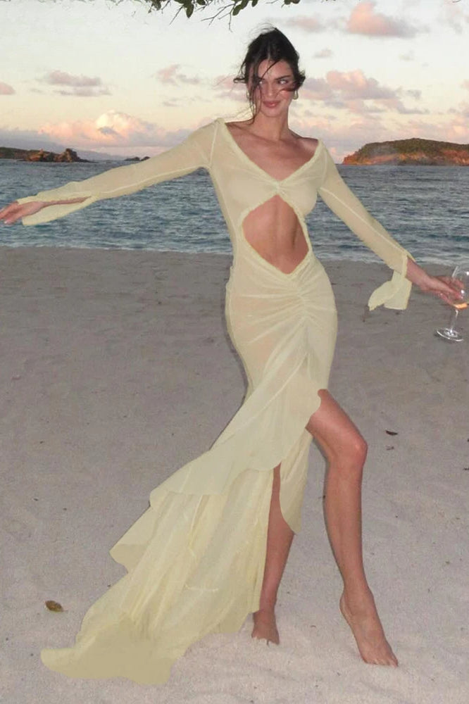 Sheer Mesh V-Neck Long Sleeve Cut Out Ruched High Split Ruffle Hem Maxi Dress
