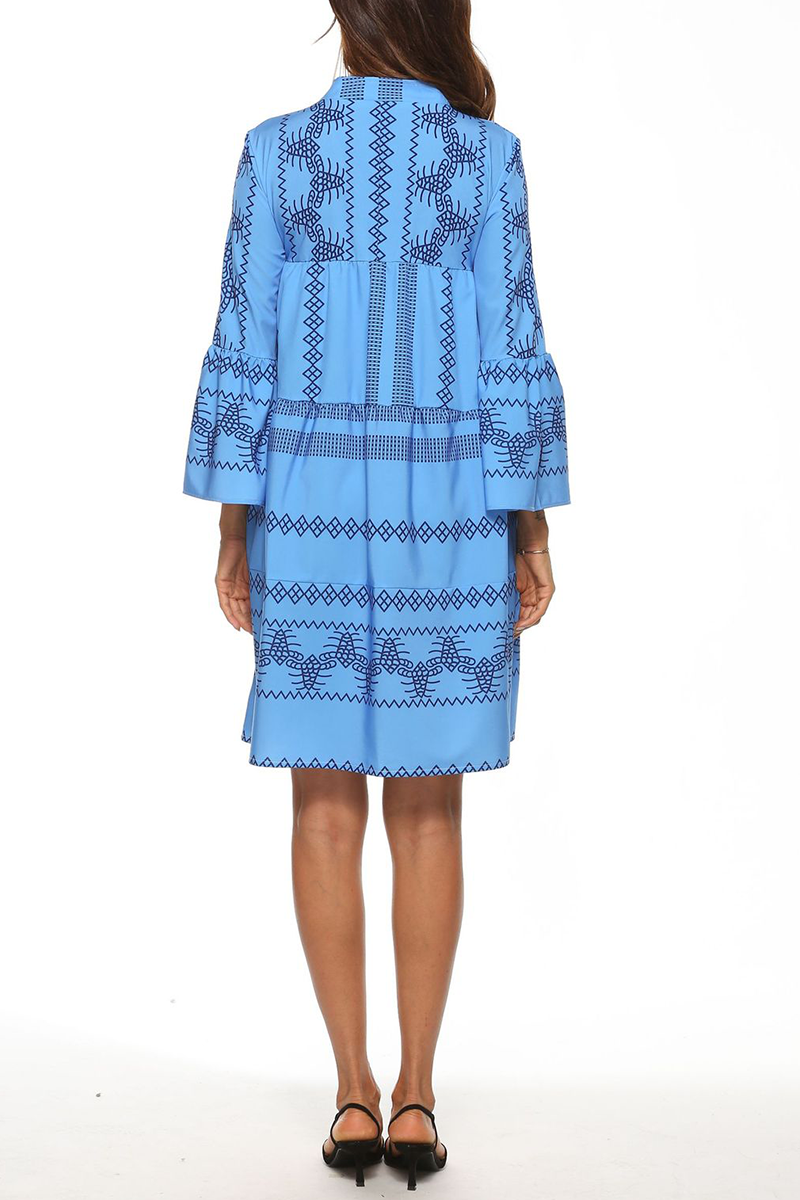 Mandarin Collar V-Neck Long Sleeve Geometric Print Tiered Mini Dress